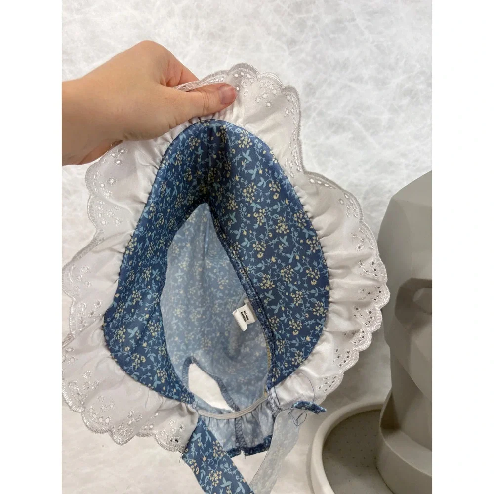 Vintage Style Blue Floral Calico Sun Bonnet White Eyelet Lace Trim Prairie Hat